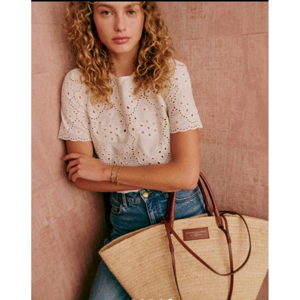 Sezane Anabelle White Eyelet blouse Ivory short Sleeve top cottagecore 38/6/Med